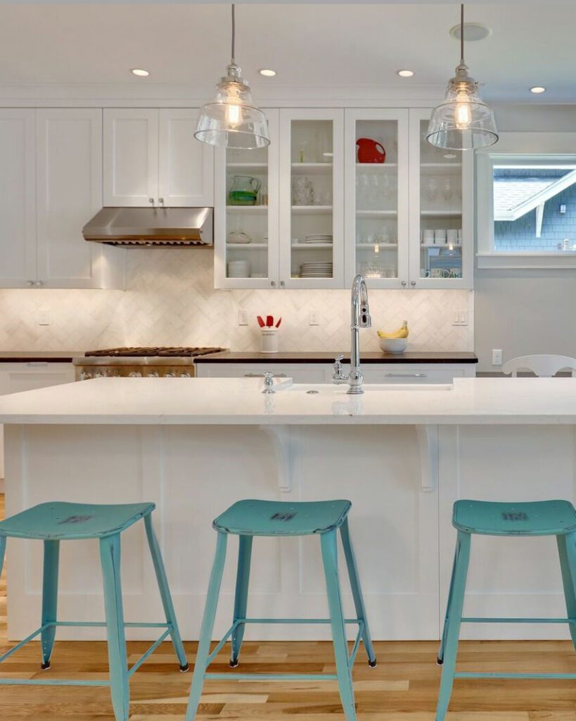 All-white kitchen with blue bar stools